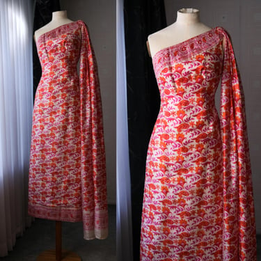 Vintage 50s Hourglass Single Shoulder Indian Hand Block Print Dress w/ Attached Pleated Maxi Scarf | Hand Made USA | 1950s Evening Dress 