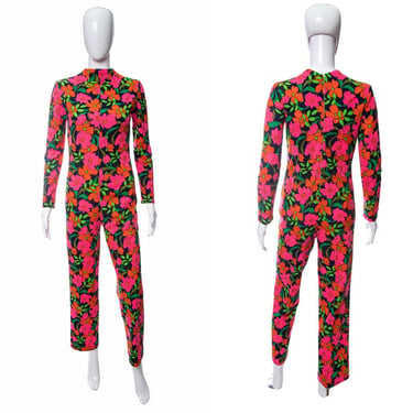 1960's Pink and Multicolor Floral Printed Long Sleeve Jumpsuit Size S