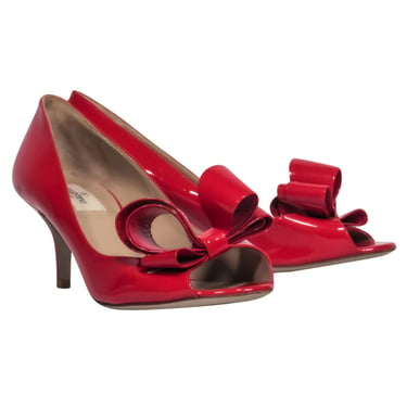 Valentino - Red Patent Leather Open Toe Kitten Heels w/ Bow Sz 8.5