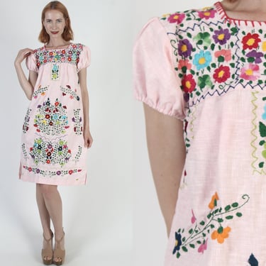Womens Mexican Embroidered Puebla Dress Pink Zip Up Ethnic Sundress Puff Sleeve Jalisco Vestido 