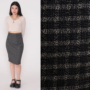 Checkered Pencil Skirt 90s Black Grey Mini Skirt Plaid Check Print High Waisted Preppy Wiggle Chic Secretary Vintage 1990s Extra Small xs 