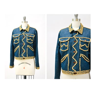 70s Vintage Denim Jacket with Studs Gold Metallic Studded Size Small Vintage Wrangler 70s Studded Grommet Metallic Denim Jean Jacket Small 