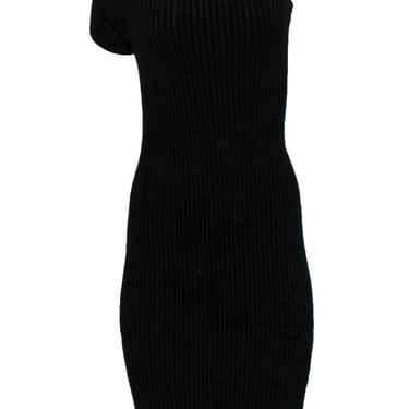 Helmut Lang - Black Ribbed One-Shoulder Short Sleeve Fitted Dress Sz M