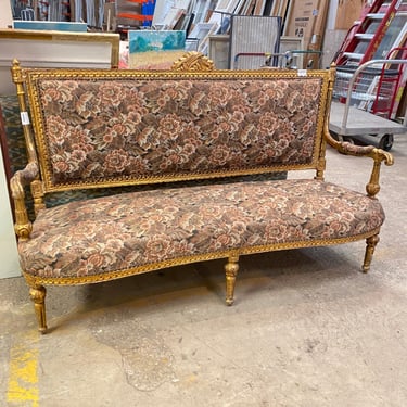 Vintage Upholstered Settee with Carved Wooden Frame