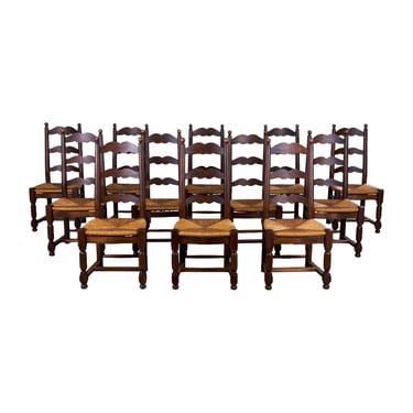Antique Country French Style Maple Ladder Back Farmhouse Dining Chairs W/ Rush Seats - set of 12 