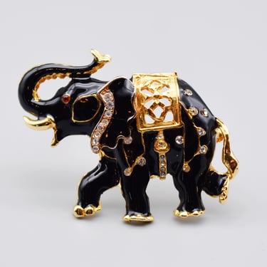 60's gold plate black enamel rhinestone elephant brooch, big fabulous good luck pachyderm bling pin 