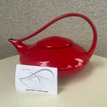 Vintage modern dragon red ceramic teapot by Judith Weber Ceramic Studio 