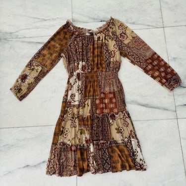 VTG Kate and Lily Dress Patchwork Mesh Colorful Smocked Knee 14P Boho Peasant Farm Cottagecore 