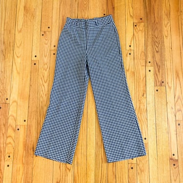70s Black and White Gingham Polyester Knit Wide Leg High Waisted Pants | Medium/Large 