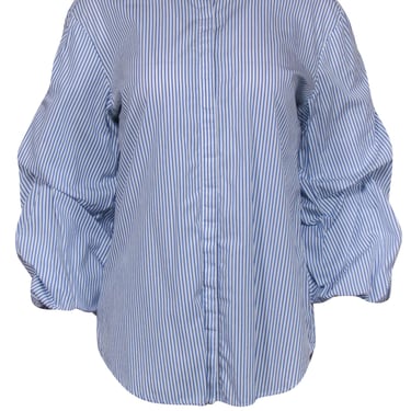 Lauren Ralph Lauren - Blue &amp; White Striped Button-Up Ruched Sleeve Cotton Blouse Sz L