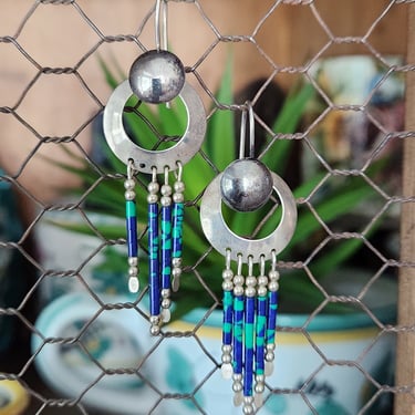 Azurite Malachite Dangle Earrings~Sterling Silver 925~Vintage Navajo Earrings 