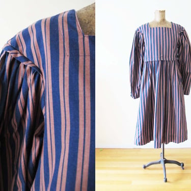 Laura Ashley Striped Long Sleeve Midi Dress US 12 M/L - Vintage 90s Navy Blue Brown Cotton Cottagecore Sundress 