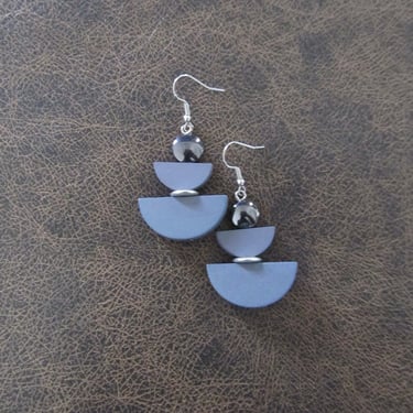 Wooden earrings, gray geometric dangle earrings 