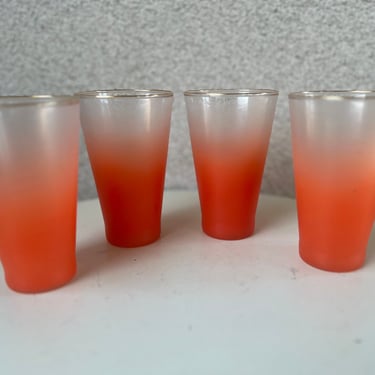 Vintage MCM Blendo Tall frosted Tumbler Glasses Set 4 Orange Gold Rim West Virginia Glass. 