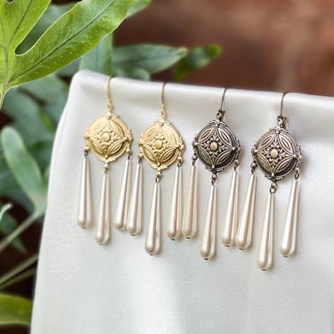 gold Victorian medallion earrings, teardrop pearl chandelier earrings, Regency antique gold jewelry, gift for her, statement earrings 