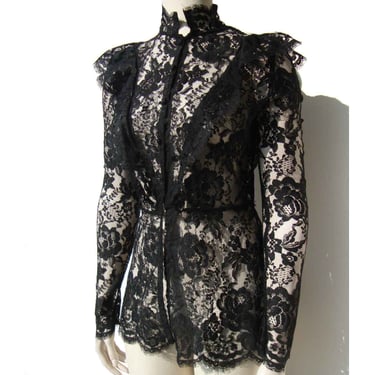 Vintage 70s Black Lace Blouse Jacket Victorian Revival Goth Roses S / M 