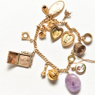 Unique 14K Charm Bracelet, Eclectic Gold Charms, Heart Locket & Cameo, 3mm Curb Link Chain, 7 1/2