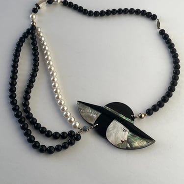 Lee Sands Necklace Lady,  Hawaiian Mother of Pearl, Mosaic Lady In Hat Pendant, Black and Pearl Beaded Necklace, Mother of Pearl Necklace 