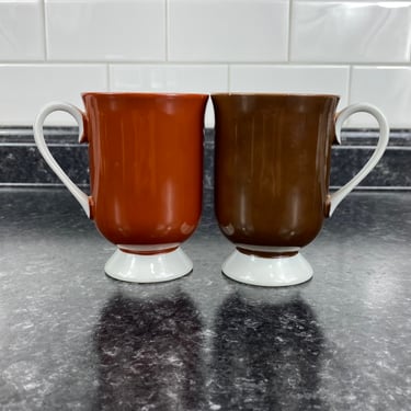 Vintage Brown Holt Howard Pedestal Mug Glass Set, Footed Coffee Mugs, Modern Brown Mug White Handle, Rust Mug White Handle, HH Coffee Mugs 