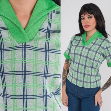 70s Polo Shirt Green Checkered Top Collared Blouse Retro Preppy Short Sleeve Grey Blue Plaid Check Print Seventies Vintage 1970s Small S 