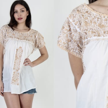 White Oaxacan Top / Tan Floral Hand Embroidered / Crochet Lace Mexican Tunic / Traditional Festival Blouse 