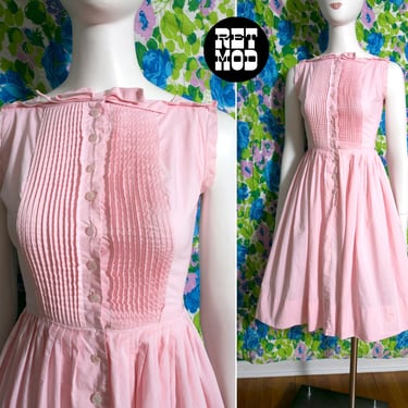 Dreamy Vintage 50s 60s Pastel Pink Cotton Fit & Flare Dress with Pin-Tucking and Bow 
