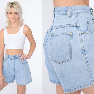 90s Jean Shorts High Waisted Denim Mom Shorts Retro Mid Length High Rise Basic Tomboy Blue Summer Plain Light Wash Vintage 1990s 2xs xxs 24 
