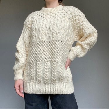 Vintage 80s Irish Fisherman White Hand Knit Chunky Cable Knit Wool Oversized Crewneck Pullover Sweater Sz L 