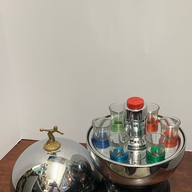 1960s Chrome Bowling Ball Pump Decanter with Shot Glasses 