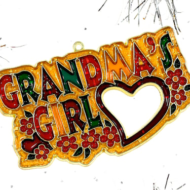 VINTAGE: 1980s - Retro Metal and Glittered Resin "Grandma's Girl" Ornament - Faux Stain Glass, Light Sun Catchers - SKU 15-E2-00017350 