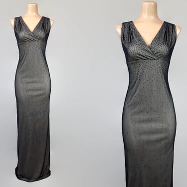 VINTAGE 90s Stretch Mesh Nude Illusion Formal Dress with Glitter Details by Reggio | 1990s Layered Mesh Formal Cocktail Dress VFG 