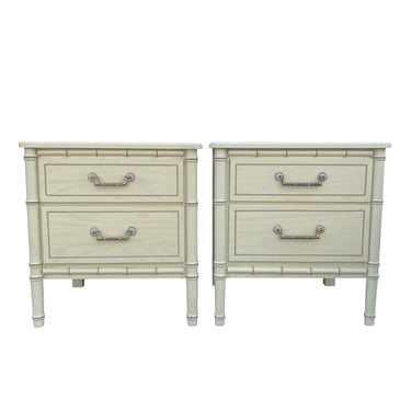 Vintage Faux Bamboo Nightstands Pair FREE SHIPPING - Set of 2 Creamy White End Tables Henry Link Style Hollywood Regency Coastal Furniture 