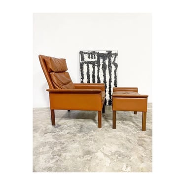Hans Olsen Danish Modern Leather Rosewood Chair and Ottoman 