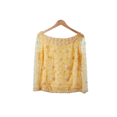 vintage yellow beaded top - boatneck 1960s top with intricate pearl beading 