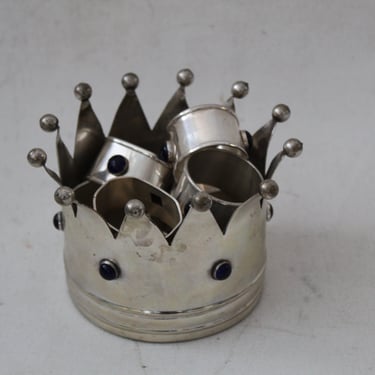 Vintage Silver Finish Blue Stone set of ten Napkin Holders with with Crown Container 