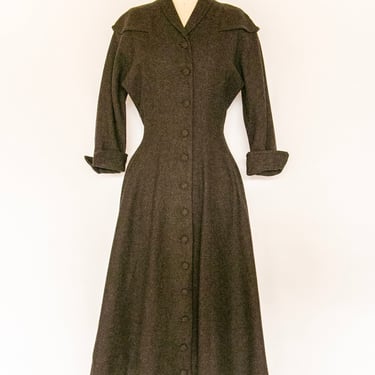 1950s Wool Dress Full Skirt Shirt Front M 
