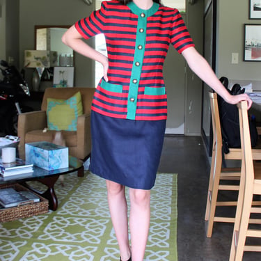Vintage 1980s Miss O Oscar de la Renta Linen Dress, Size 4 Women, Short Sleeve Dress Women, red navy green striped 