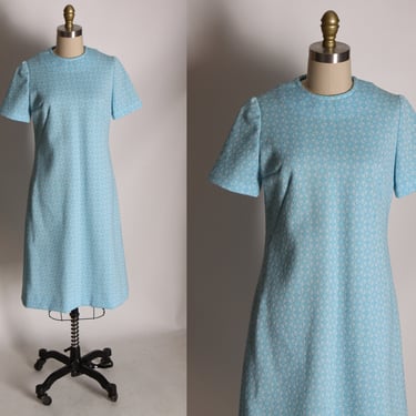 1960s Blue Polyester Floral Short Sleeve Double Knit Polyester Shift Dress -M 