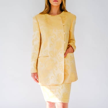 Vintage 90s Louis Feraud Daffodil Yellow Silk Blend Textured Floral Brocade Mandarin Skirt Suit | Boxy Relaxed Fit | 1990s Designer Suit 