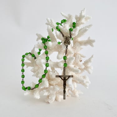 Vintage Italian Crucifix Cross Rosary Green Glass Beads Religious Prayer 