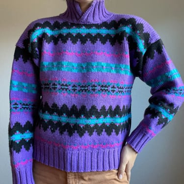 Vintage 80s Womens Hand Knit Purple Chunky Geometric Wool Sweater Sz M 