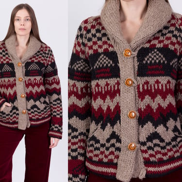 70s Angela Campos De Morris Cowichan Cardigan - Medium to Large | Vintage Hand Knit Mexican Boho Chunky Knit Shawl Collar Sweater 
