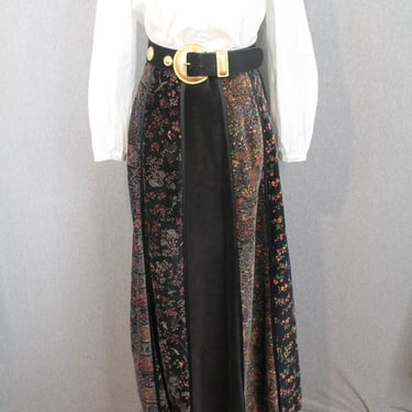 1980s 1990s Brown and Black Velvet Skirt - Fall Skirt - Floral - Jewel Tones - Century of Boston 