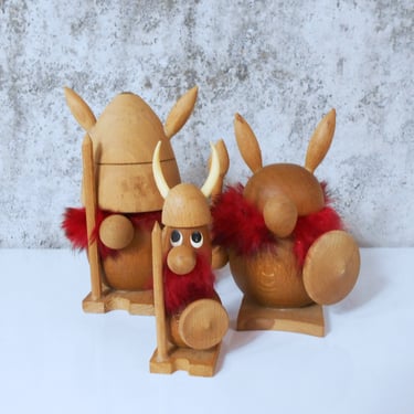 Trio of Danish Modern Wooden Viking Figures - Scandinavian Viking Figurine from Denmark 