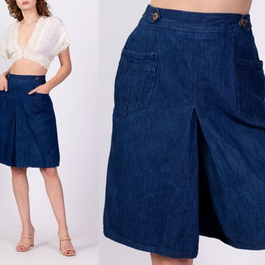 70s Denim High Waisted Culotte Shorts - Medium, 27"-29" | Vintage Long Dark Wash Blue Jean Wide Leg Skort 