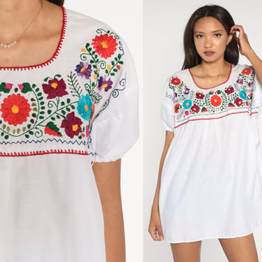 White Mexican Blouse Embroidered Top Peasant Hippie Boho Cotton Tunic Bohemian Floral Vintage Smock Tent Shirt Extra Large xl 