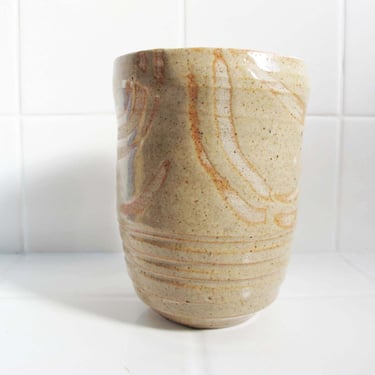 Vintage Hand Thrown Ceramic Drink Tumbler - 1980s Beige Tan Ridged Earthy Studio Pottery Tea Coffee Mug - Bohemian Desert Kitchen Decor 
