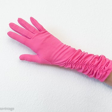 1960s Vintage Bright Pink Gloves | 60s Pink Long Evening Gloves | Medium 