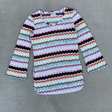Vintage 70's The House of Jade Scallop Striped Colorful Knitted Long Bell Sleeve Blouse Sweater 