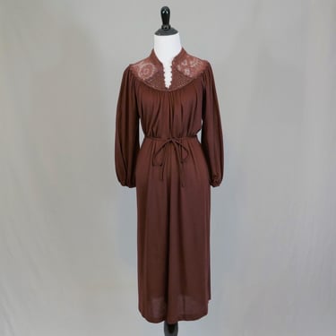 70s Brown Dress- Crochet Knit Neckline - PBJ - Vintage 1970s - L 